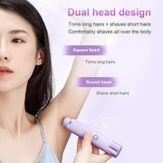 Woman using double head electric shaver with dual head design for trimming long and short hairs comfortably.